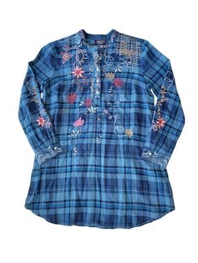 Johnny Was Carmen Henley Shirt Tunic Dress Blue Plaid Small